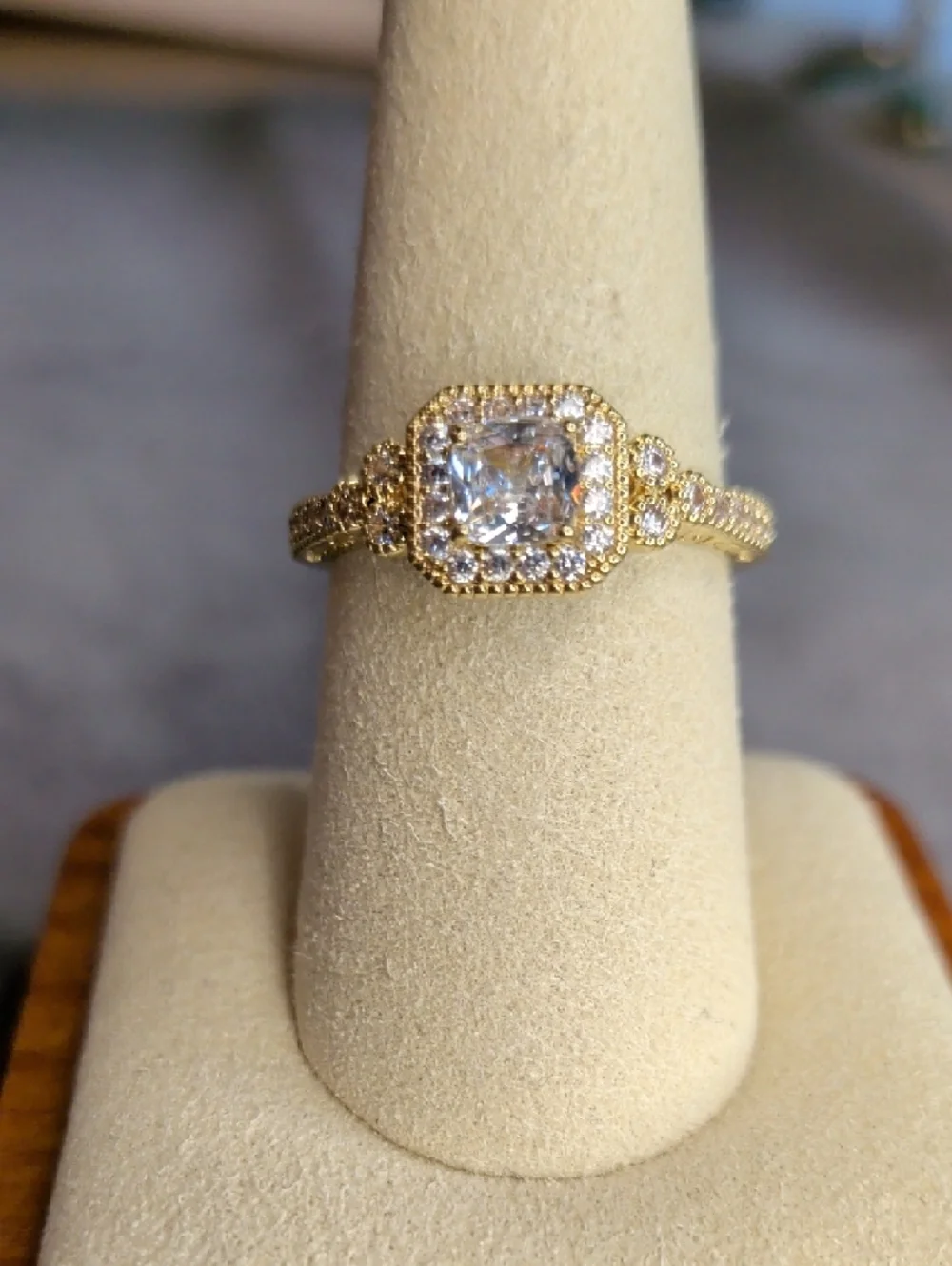 Cushion-Cut Halo Engagement Ring Size 8 - YG Plated